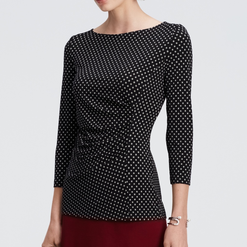 Ann Taylor Black Floral Foulard Side Ruched Top